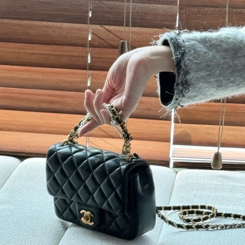 🧿CHANEL香奈兒黑金菱格紋羊皮珍珠方胖子鏈條包芯片款-33