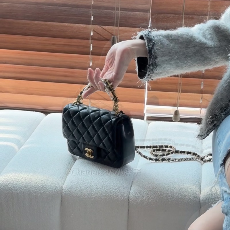 🧿CHANEL香奈兒黑金菱格紋羊皮珍珠方胖子鏈條包芯片款-35