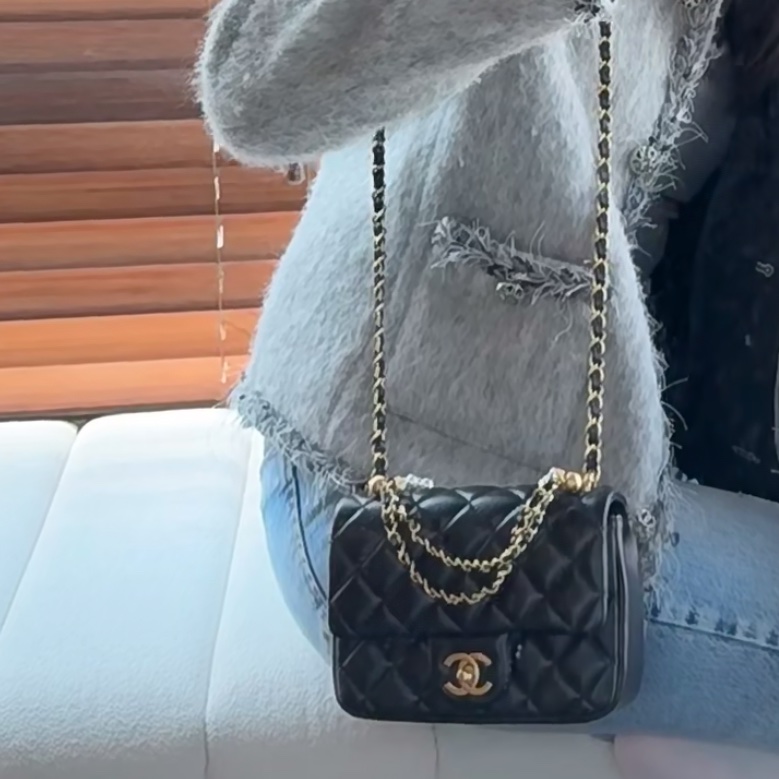 🧿CHANEL香奈兒黑金菱格紋羊皮珍珠方胖子鏈條包芯片款-36