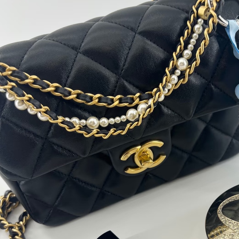 🧿CHANEL香奈兒黑金菱格紋羊皮珍珠方胖子鏈條包芯片款-37