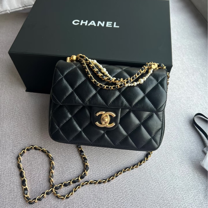 🧿CHANEL香奈兒黑金菱格紋羊皮珍珠方胖子鏈條包芯片款-39
