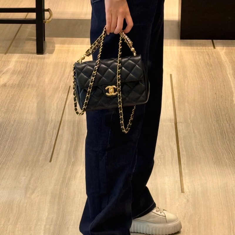 🧿CHANEL香奈兒黑金菱格紋羊皮珍珠方胖子鏈條包芯片款-40