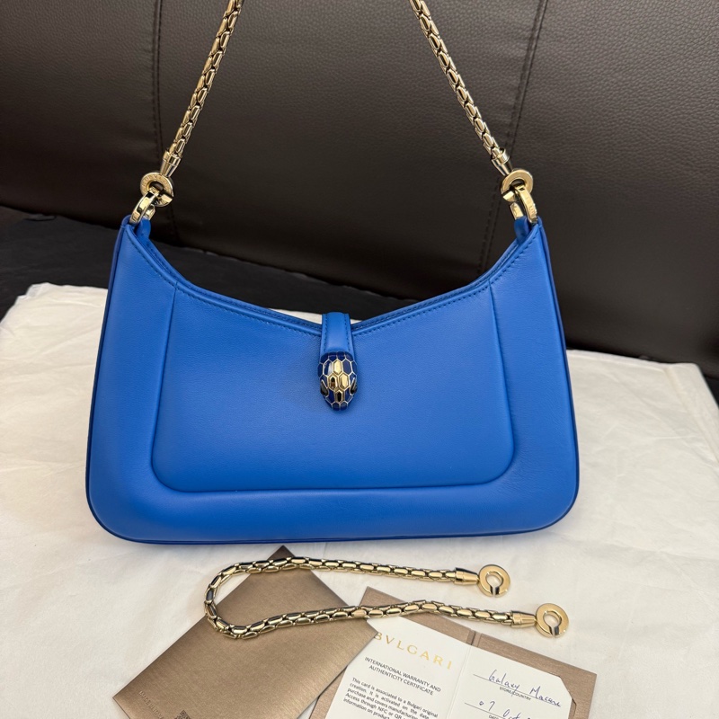 99新Bvlgari寶格麗Serpenti Baia系列單肩斜挎包新款hobo腋下包,經典蛇形設計 藍色小牛皮 23年尺寸:27.5 x 18 x 4.5cm, 附件:保卡 肩帶。-1