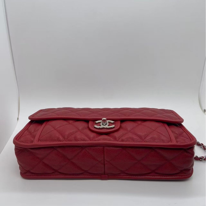 CHANEL/香奈兒荔枝紋牛皮季節CF鏈條包紅色,鐳射18開-2