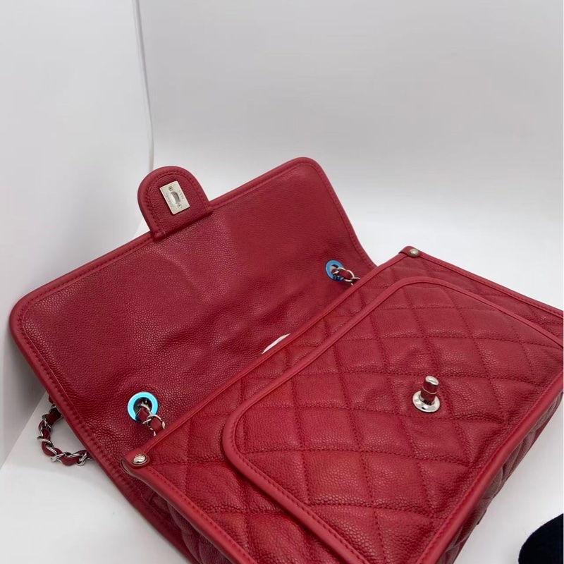 CHANEL/香奈兒荔枝紋牛皮季節CF鏈條包紅色,鐳射18開-3