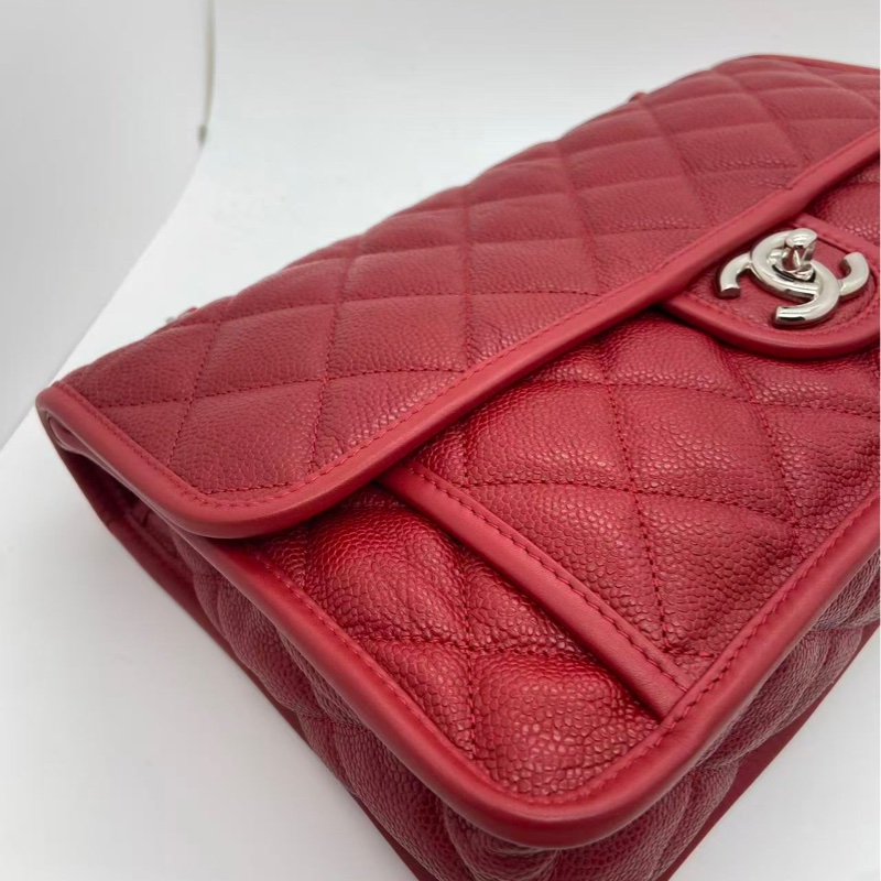 CHANEL/香奈兒荔枝紋牛皮季節CF鏈條包紅色,鐳射18開-8