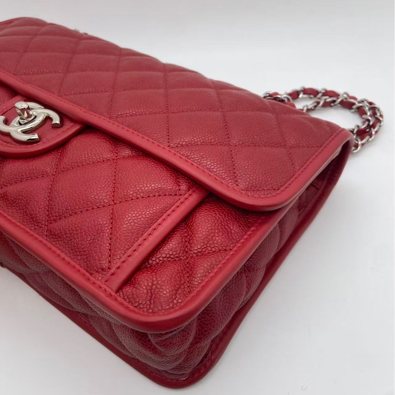 CHANEL/香奈兒荔枝紋牛皮季節CF鏈條包紅色,鐳射18開-9