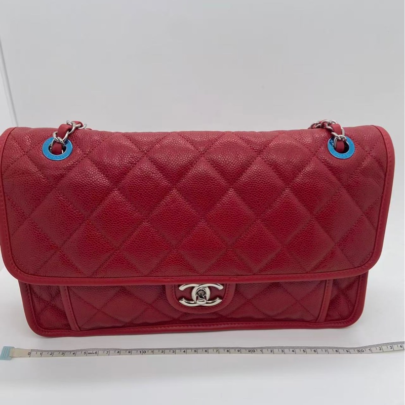 CHANEL/香奈兒荔枝紋牛皮季節CF鏈條包紅色,鐳射18開-13