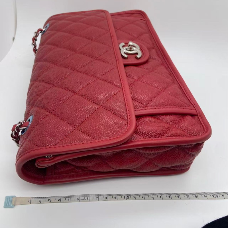 CHANEL/香奈兒荔枝紋牛皮季節CF鏈條包紅色,鐳射18開-14
