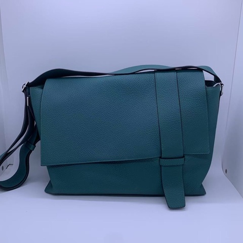 二手HERMES愛馬仕Alfred全皮郵差包，孔雀藍，R刻 35×25