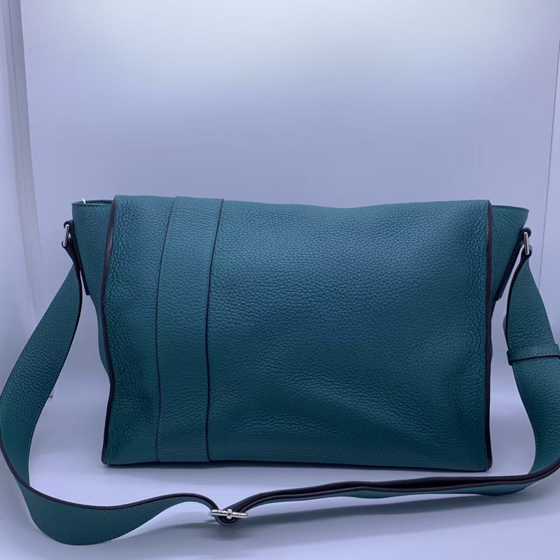 二手HERMES愛馬仕Alfred全皮郵差包,孔雀藍,R刻 35×25-1