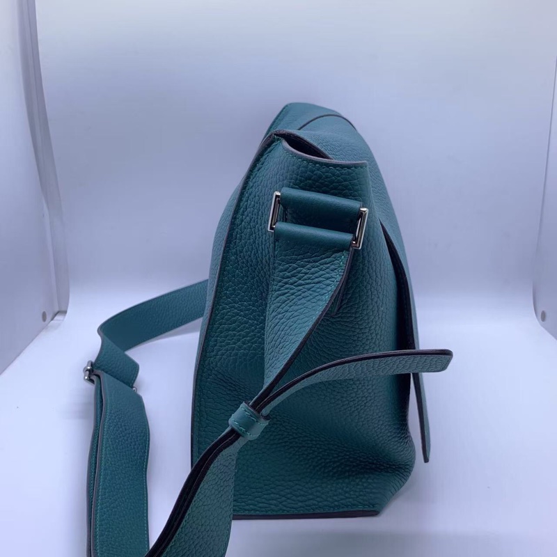 二手HERMES愛馬仕Alfred全皮郵差包,孔雀藍,R刻 35×25-3