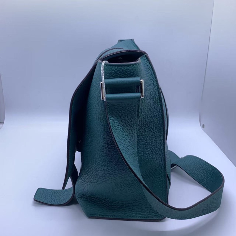 二手HERMES愛馬仕Alfred全皮郵差包,孔雀藍,R刻 35×25-4