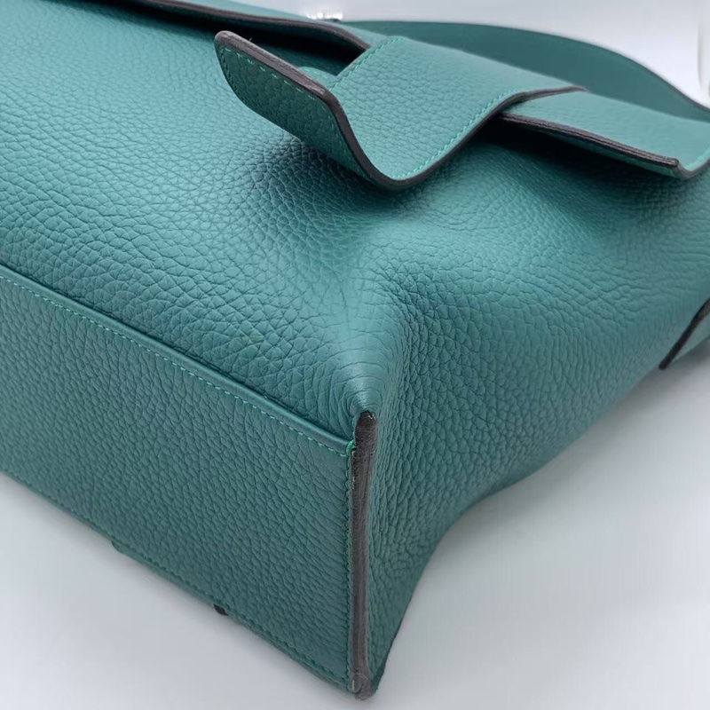 二手HERMES愛馬仕Alfred全皮郵差包,孔雀藍,R刻 35×25-12