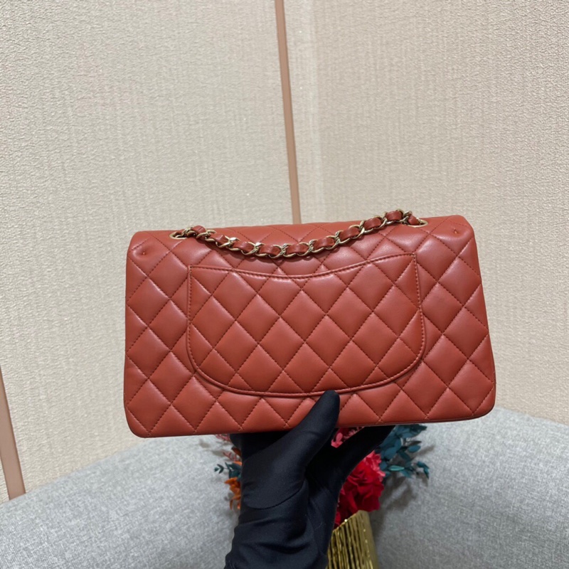 Chanel香奈兒cf中號棕紅色羊皮雙蓋淡金扣鏈條包，芯片款-1