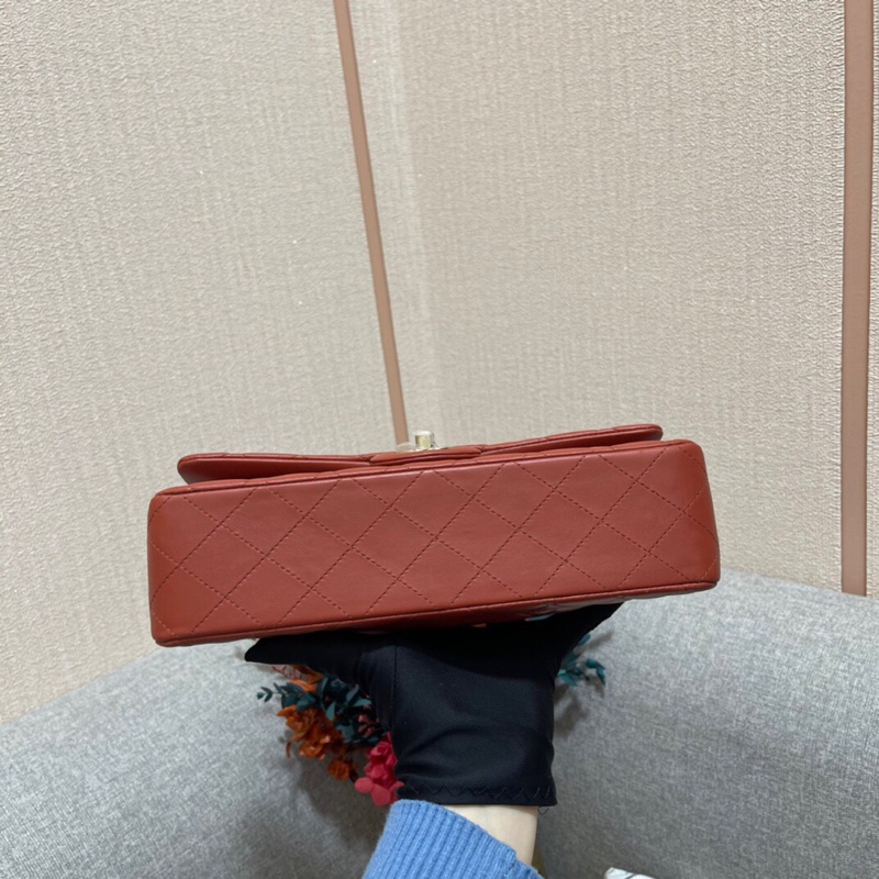 Chanel香奈兒cf中號棕紅色羊皮雙蓋淡金扣鏈條包，芯片款-2