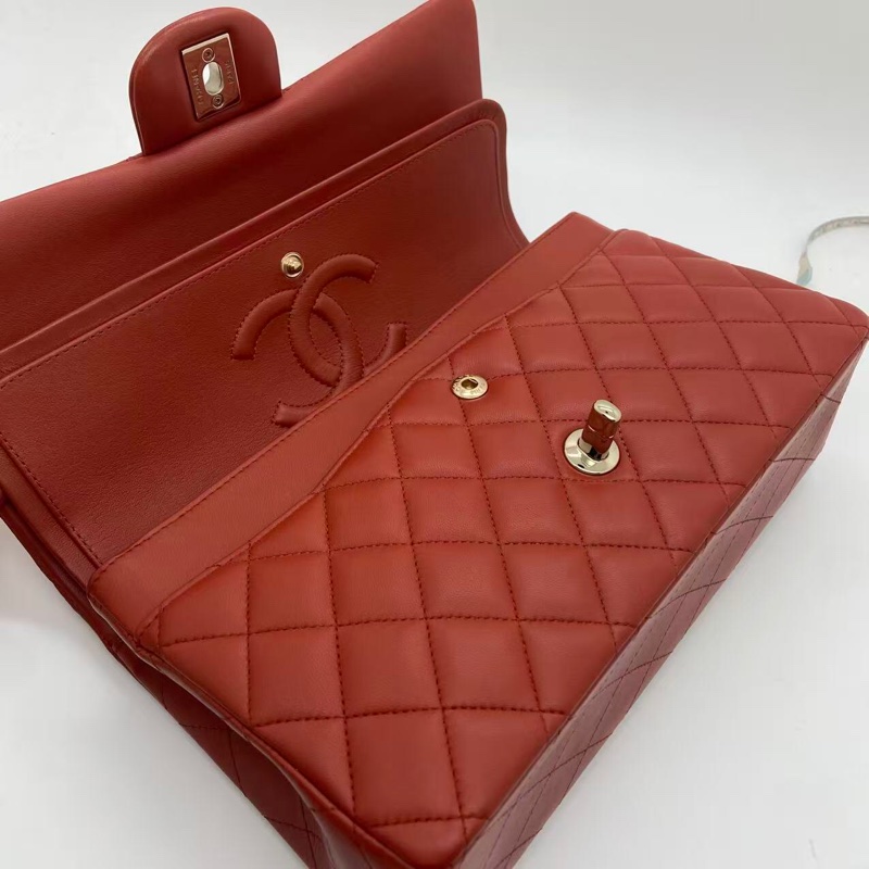 Chanel香奈兒cf中號棕紅色羊皮雙蓋淡金扣鏈條包，芯片款-3