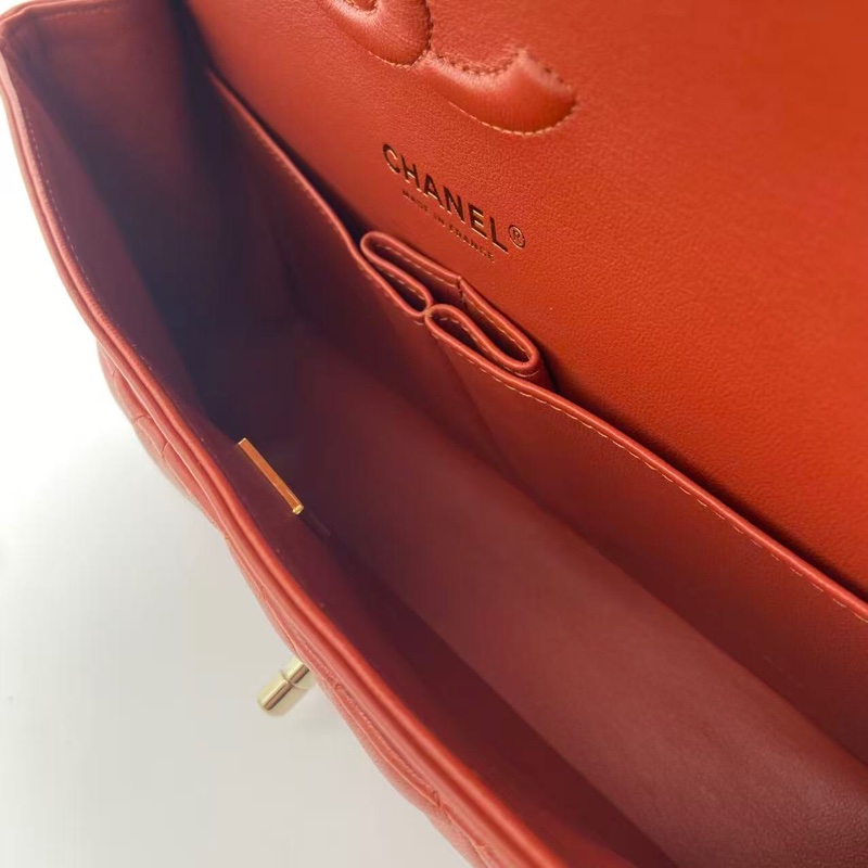 Chanel香奈兒cf中號棕紅色羊皮雙蓋淡金扣鏈條包，芯片款-4