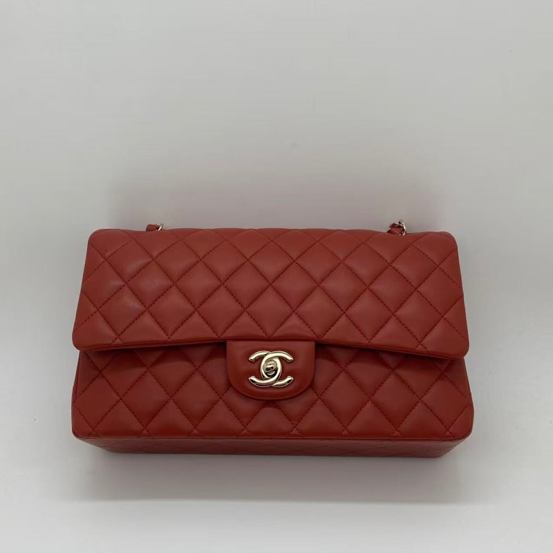 Chanel香奈兒cf中號棕紅色羊皮雙蓋淡金扣鏈條包，芯片款-5