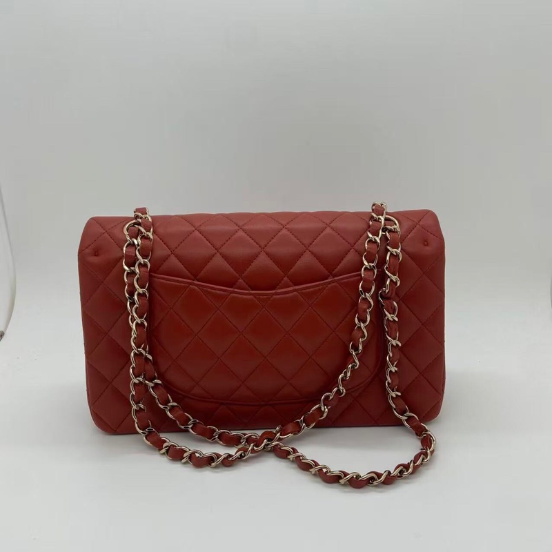 Chanel香奈兒cf中號棕紅色羊皮雙蓋淡金扣鏈條包，芯片款-6