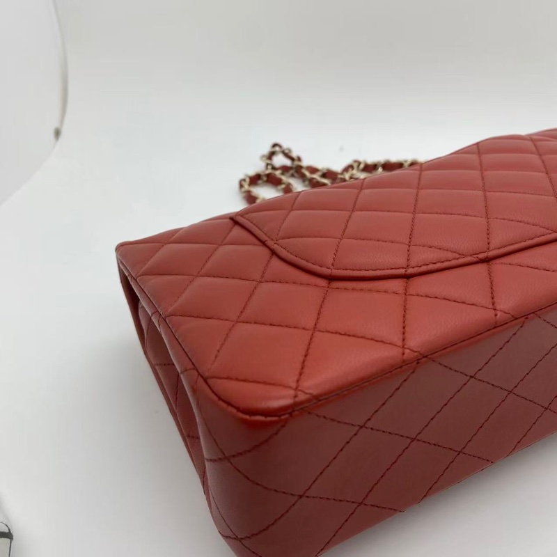 Chanel香奈兒cf中號棕紅色羊皮雙蓋淡金扣鏈條包，芯片款-10