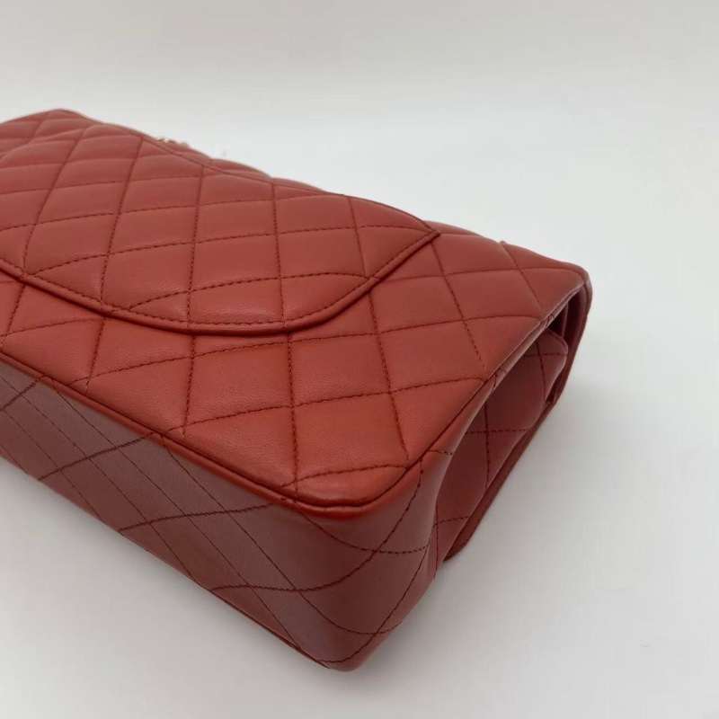 Chanel香奈兒cf中號棕紅色羊皮雙蓋淡金扣鏈條包，芯片款-11