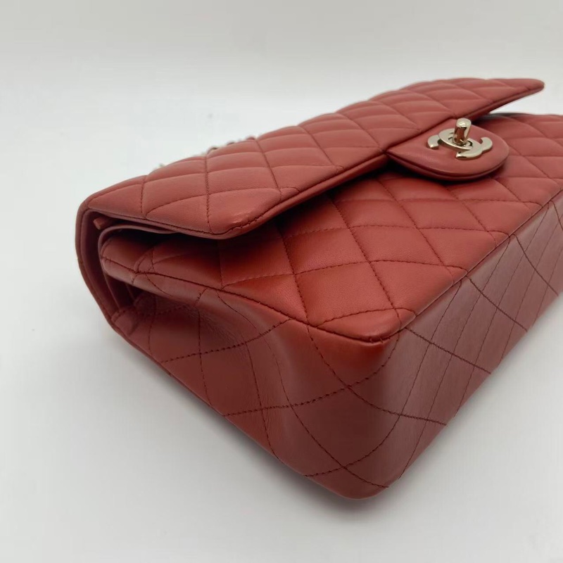 Chanel香奈兒cf中號棕紅色羊皮雙蓋淡金扣鏈條包，芯片款-12