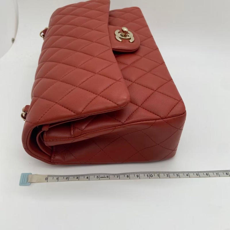 Chanel香奈兒cf中號棕紅色羊皮雙蓋淡金扣鏈條包，芯片款-13