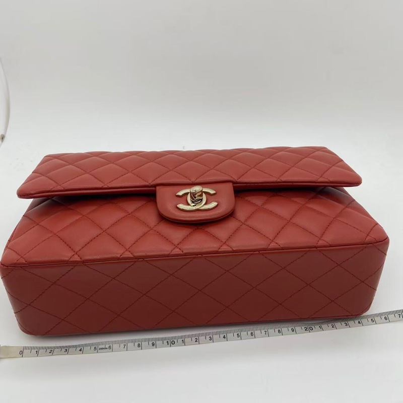 Chanel香奈兒cf中號棕紅色羊皮雙蓋淡金扣鏈條包，芯片款-14