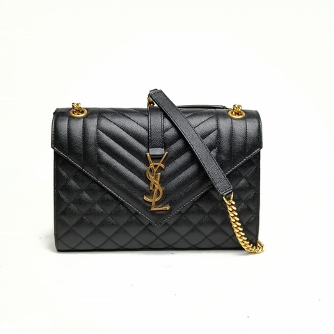 SAINT LAURENT Envelope絎縫紋理信封包中號黑色牛皮金扣