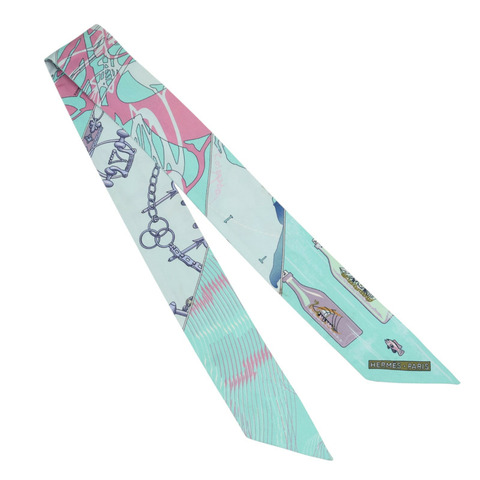 湖水綠 流水瓶 絲綢 Twilly 絲巾 (污漬/脫線)【HERMES 愛馬仕】