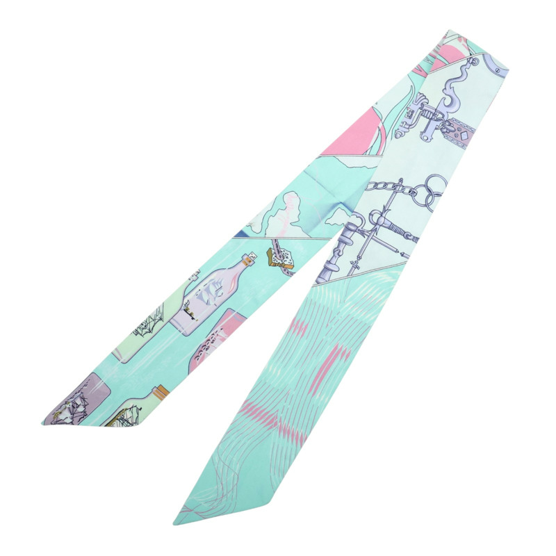 湖水綠 流水瓶 絲綢 Twilly 絲巾 (污漬/脫線)【HERMES 愛馬仕】-1