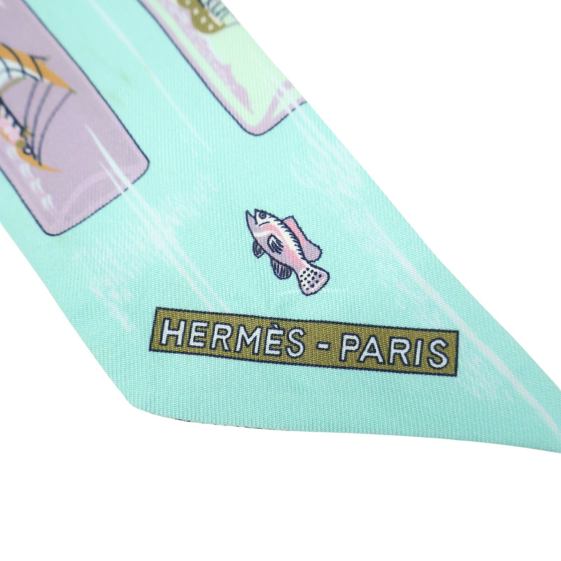 湖水綠 流水瓶 絲綢 Twilly 絲巾 (污漬/脫線)【HERMES 愛馬仕】-2