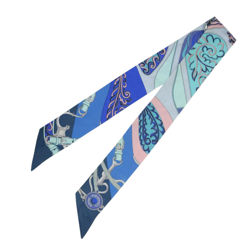 藍色 鎖鏈/花卉 圖案 絲綢 Twilly 絲巾 (污漬/脫線)【HERMES 愛馬仕】-1