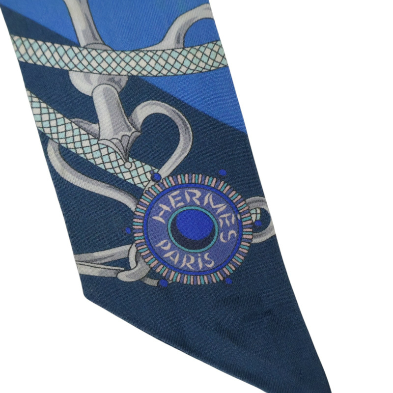 藍色 鎖鏈/花卉 圖案 絲綢 Twilly 絲巾 (污漬/脫線)【HERMES 愛馬仕】-2