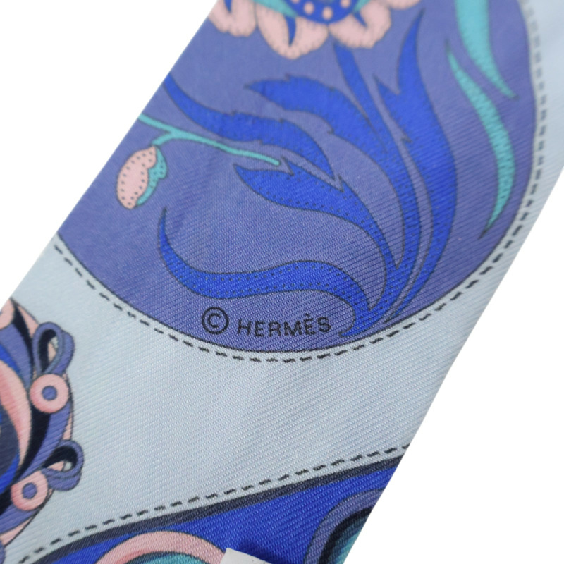 藍色 鎖鏈/花卉 圖案 絲綢 Twilly 絲巾 (污漬/脫線)【HERMES 愛馬仕】-3