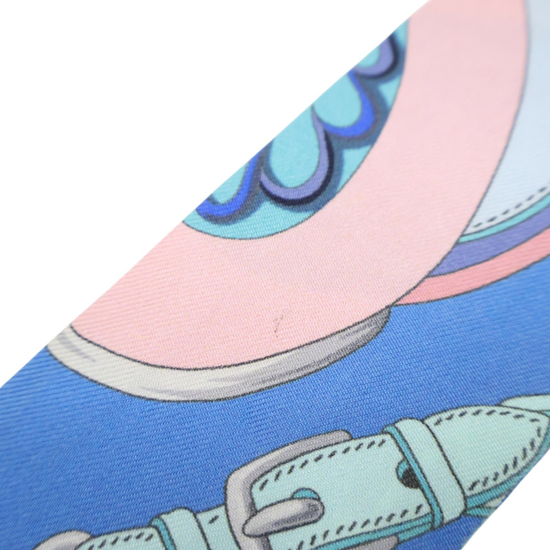 藍色 鎖鏈/花卉 圖案 絲綢 Twilly 絲巾 (污漬/脫線)【HERMES 愛馬仕】-5