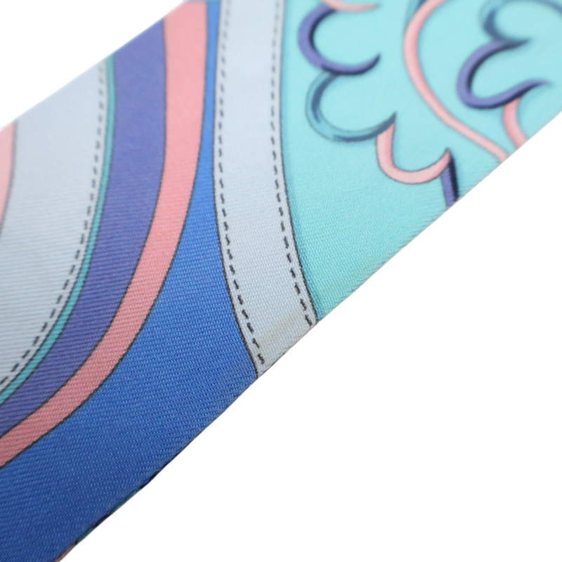 藍色 鎖鏈/花卉 圖案 絲綢 Twilly 絲巾 (污漬/脫線)【HERMES 愛馬仕】-6