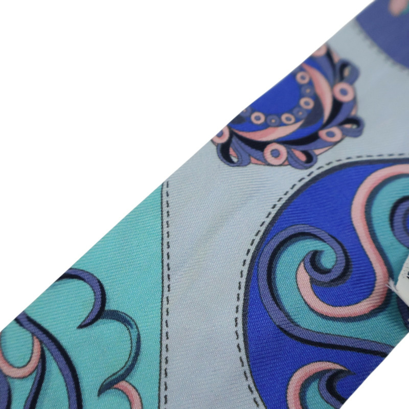 藍色 鎖鏈/花卉 圖案 絲綢 Twilly 絲巾 (污漬/脫線)【HERMES 愛馬仕】-7