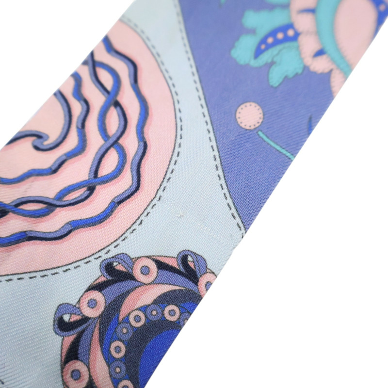 藍色 鎖鏈/花卉 圖案 絲綢 Twilly 絲巾 (污漬/脫線)【HERMES 愛馬仕】-8