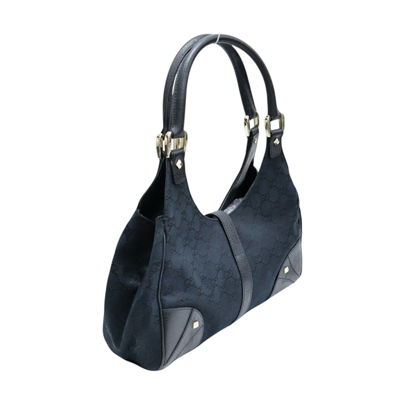 深藍色 緹花帆布 牛皮飾邊 Jackie GG 肩背包【GUCCI 古馳】 124407-1