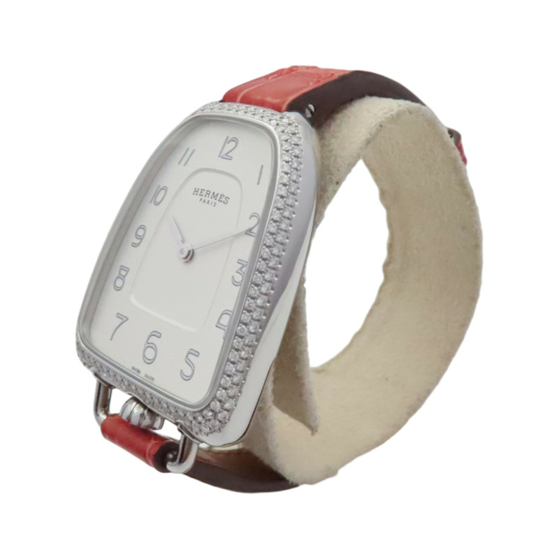 白錶面 紅色鱷魚皮錶帶 不鏽鋼 Galop d'Hermes 鑽石 石英錶【HERMES 愛馬仕】 GA1.230-1