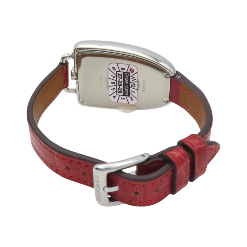 白錶面 紅色鱷魚皮錶帶 不鏽鋼 Galop d'Hermes 鑽石 石英錶【HERMES 愛馬仕】 GA1.230-2