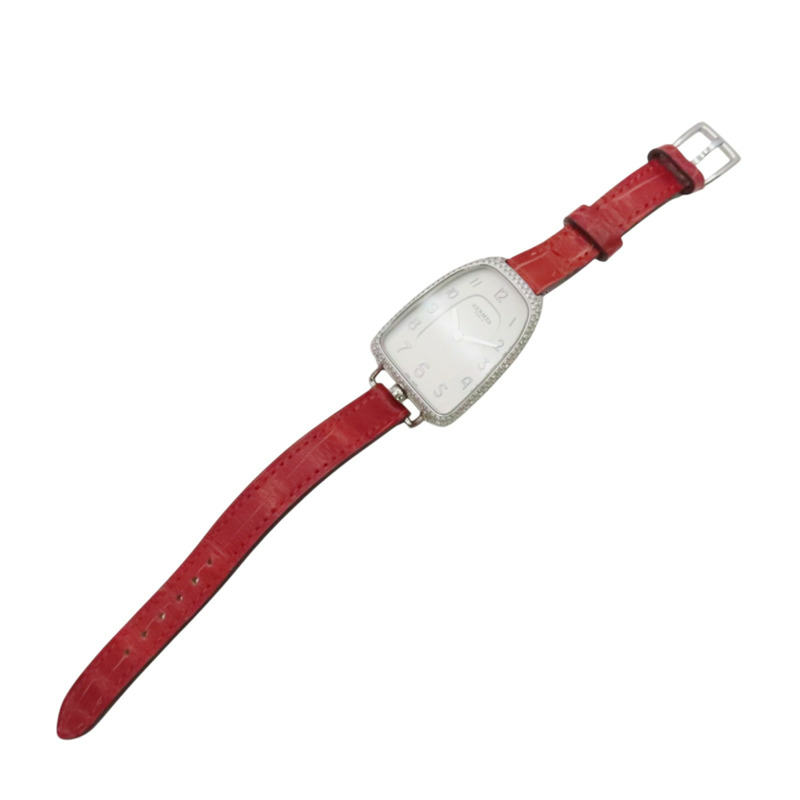 白錶面 紅色鱷魚皮錶帶 不鏽鋼 Galop d'Hermes 鑽石 石英錶【HERMES 愛馬仕】 GA1.230-3