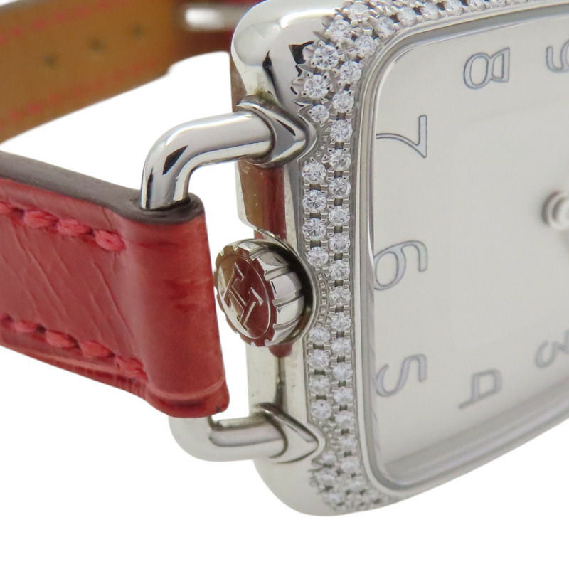 白錶面 紅色鱷魚皮錶帶 不鏽鋼 Galop d'Hermes 鑽石 石英錶【HERMES 愛馬仕】 GA1.230-5