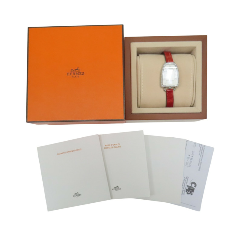 白錶面 紅色鱷魚皮錶帶 不鏽鋼 Galop d'Hermes 鑽石 石英錶【HERMES 愛馬仕】 GA1.230-7