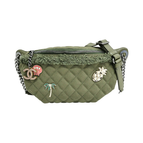 綠色 單寧布 Coco Cuba Charms 腰包 銀釦【CHANEL 香奈兒】 A98617