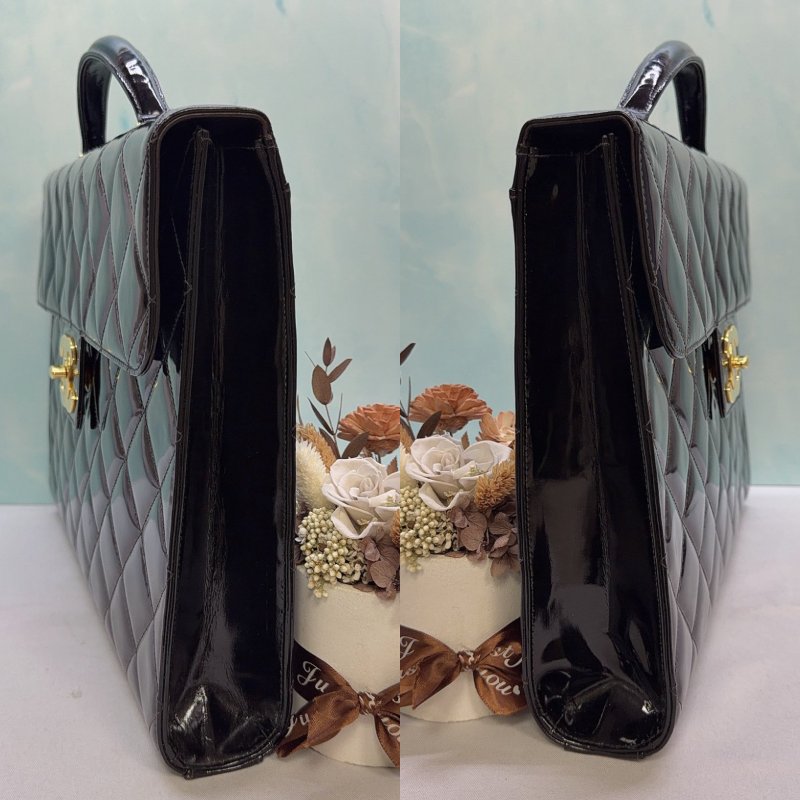 CHANEL Vintage菱格紋漆皮雙C轉扣公事包-2