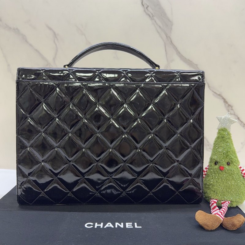 CHANEL Vintage菱格紋漆皮金釦公事包-1