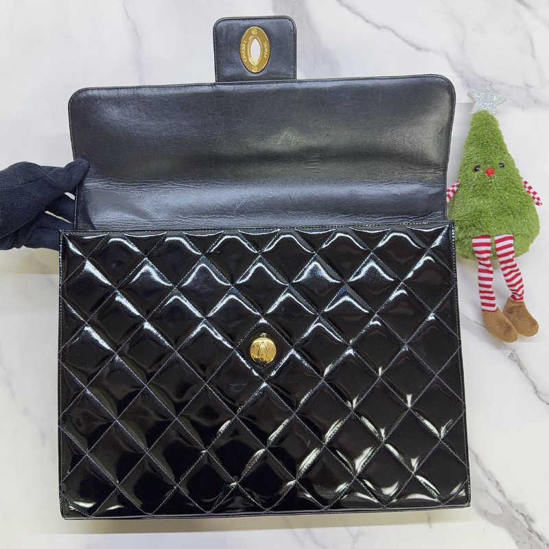 CHANEL Vintage菱格紋漆皮金釦公事包-3